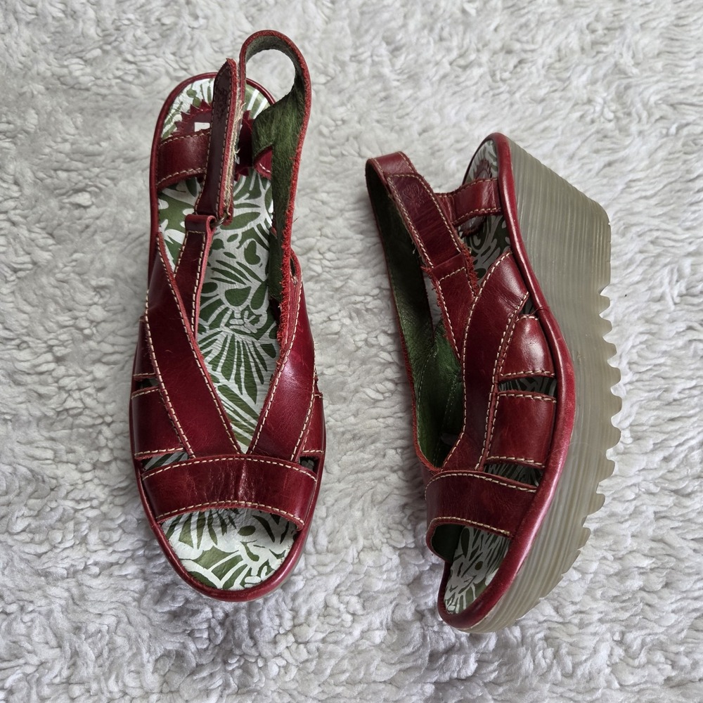 Fly London Strappy Wedge Sandals Red Women's 37 Leather Comfort